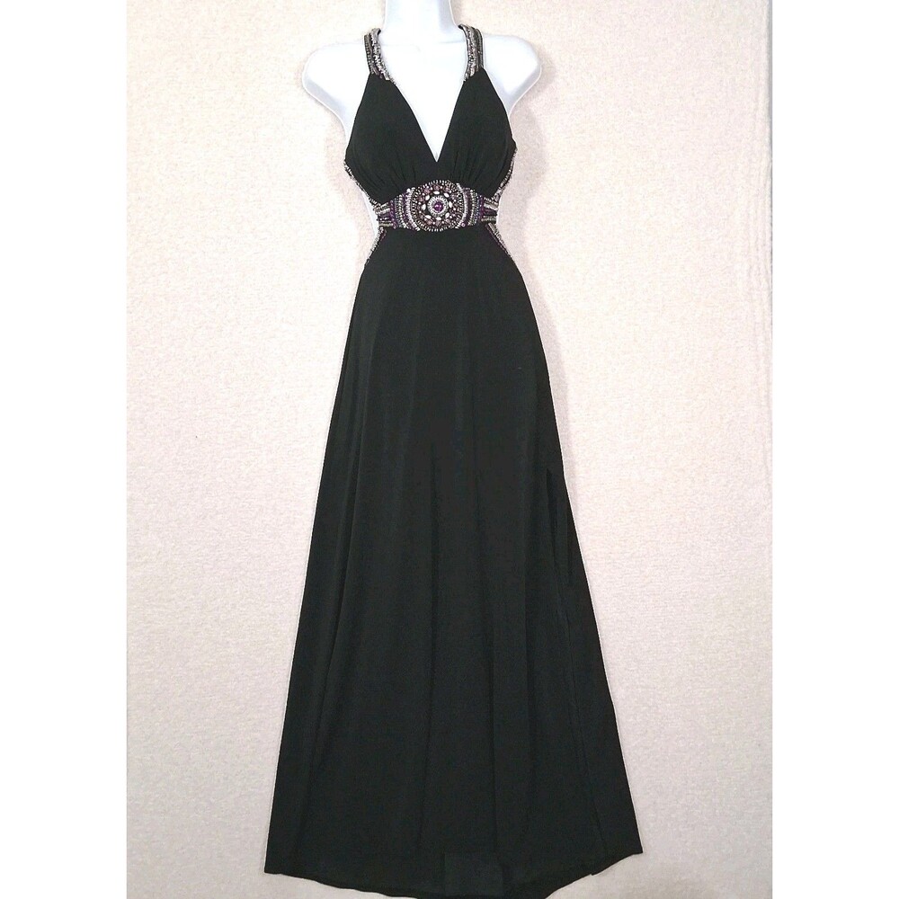 Colorful Beaded Open Back Maxi Dress Sz 6 Glam Event Gala Statement Bling
